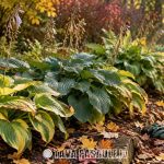 Hostas rudenīgā dārzā ar dzeltenīgām lapām un kritušām lapām