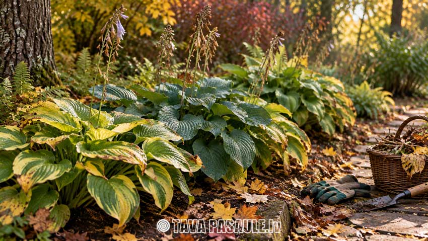 Hostas rudenīgā dārzā ar dzeltenīgām lapām un kritušām lapām