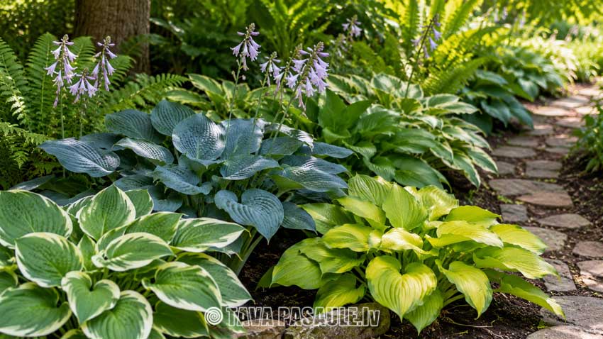 Hostas ēnainā dārza dobē ar dažādu krāsu un izmēru lapām